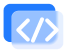 A imagem contém dois blocos de código sobrepostos, um azul sólido e outro azul claro, simbolizando programação.